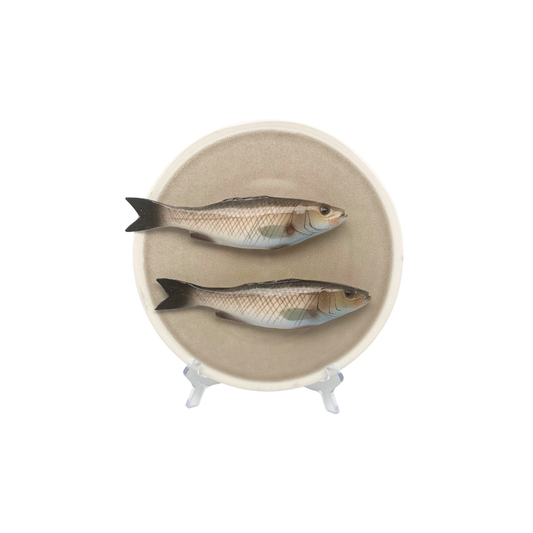 Spigola's medio op een beige bord met lichte rand, 20 cm