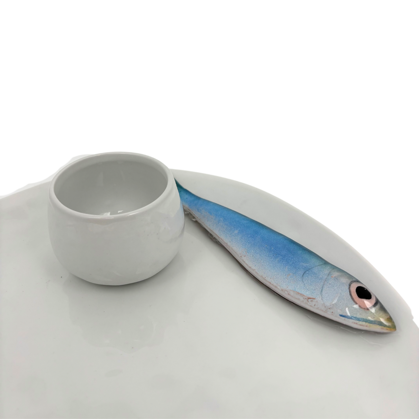 Uniek borrelbord wit met sardine en dipbakje, 28X24 cm