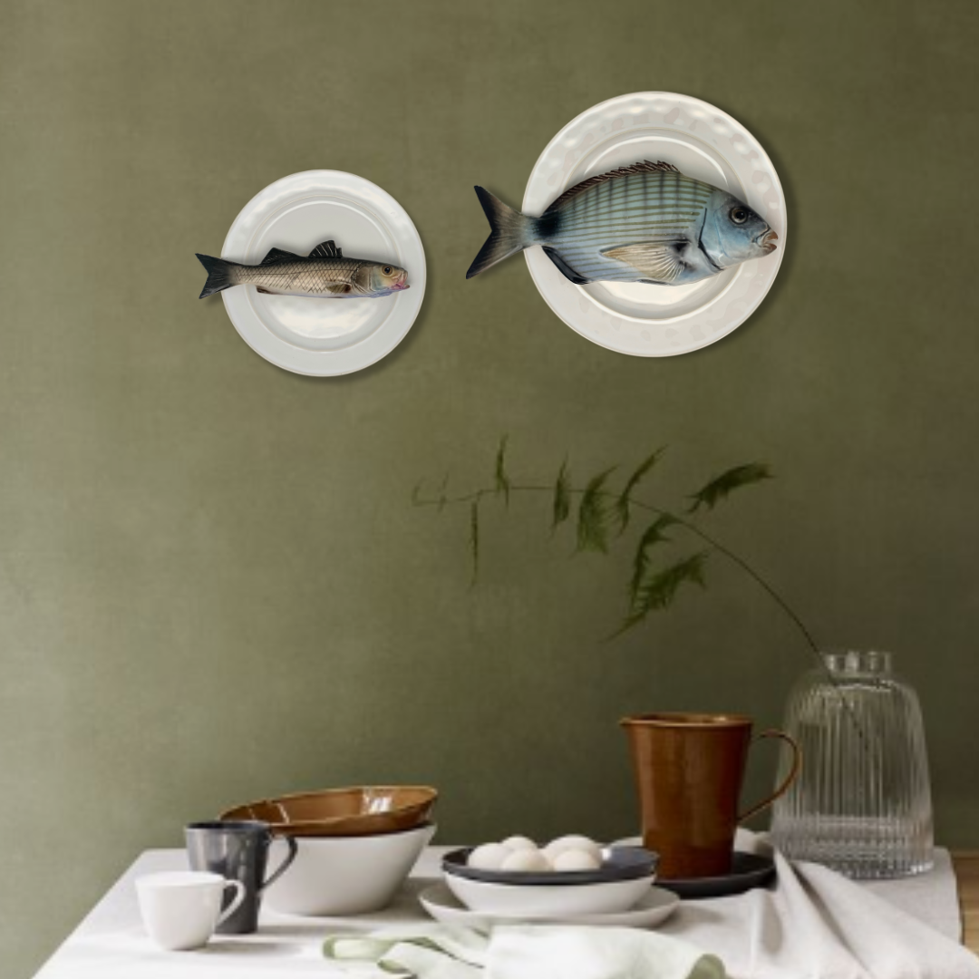 Spigola op wit/crème bord met rand, 24 cm rond