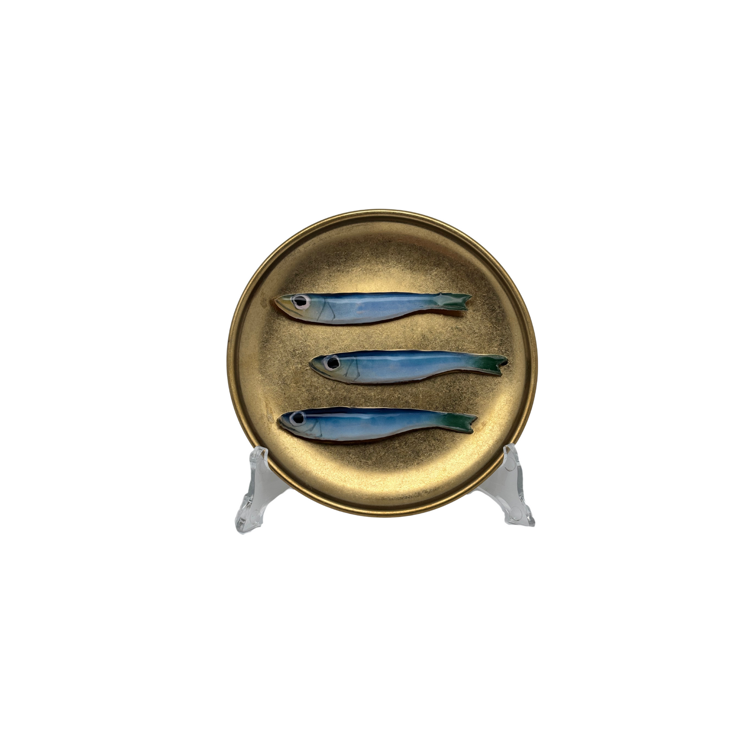Sardines piccolo op antiek gouden bordje, 14 cm rond