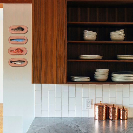 Scorfano op langwerpig ovaal zalm roze, spikkel bordje, 20x9cm