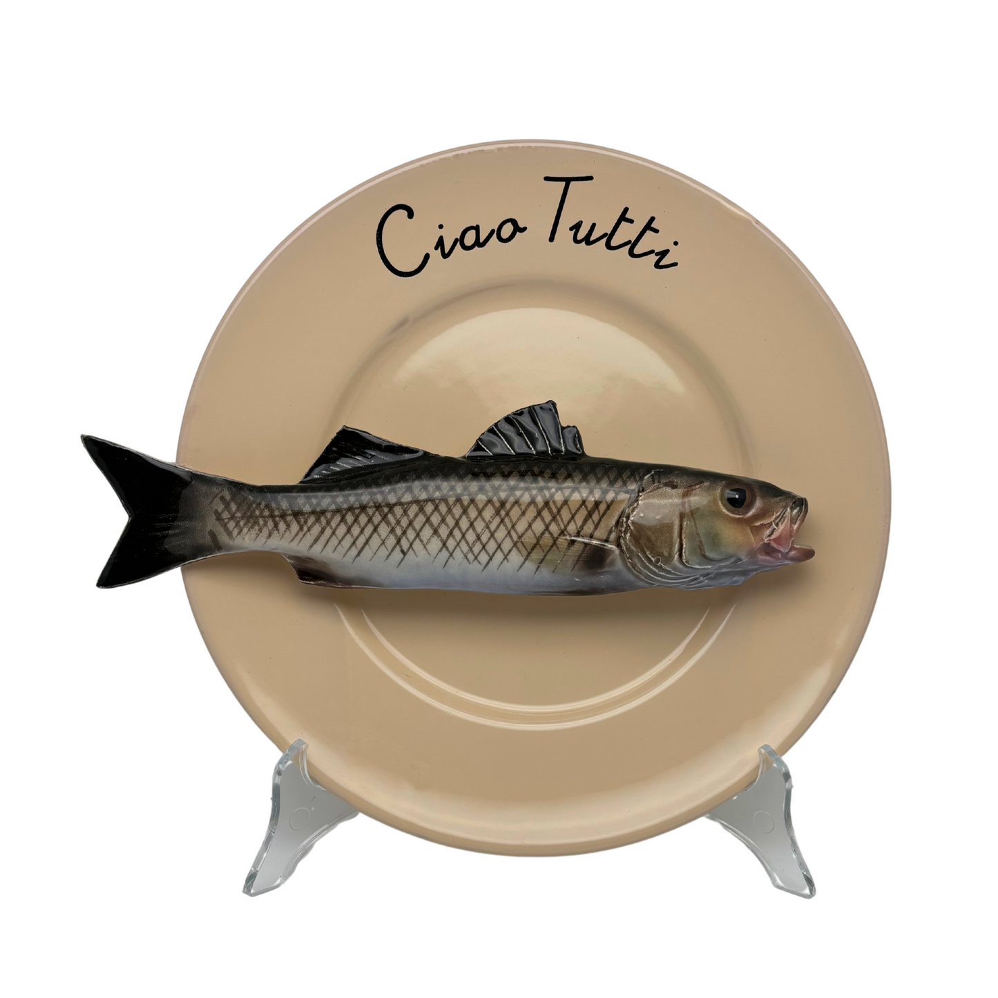 Spigola op camel/zand kleur bord "Ciao Tutti", 23 cm rond
