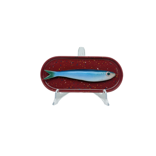 Sardine op langwerpig ovaal burgundy, spikkel bordje, 20x9cm