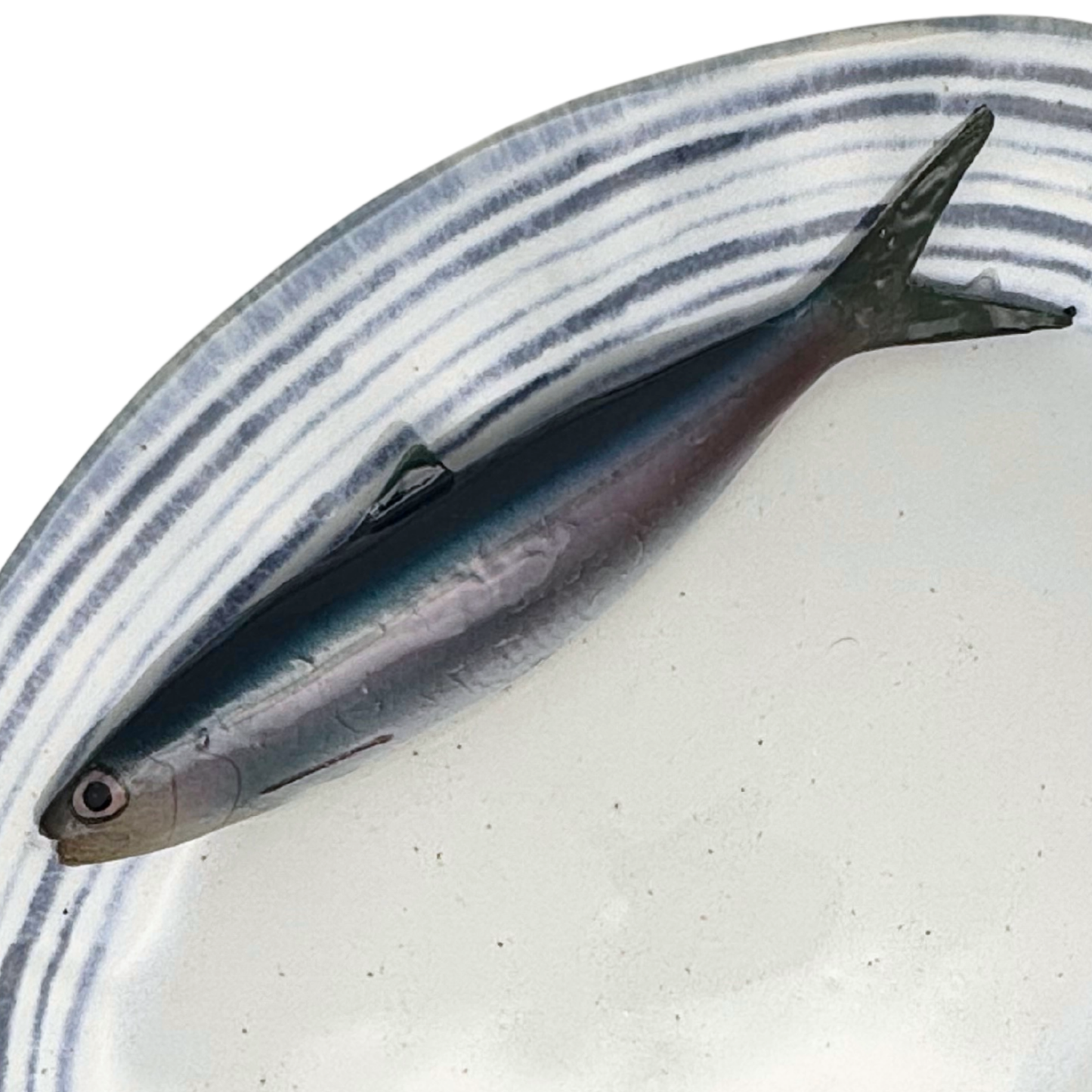 Haring/Alaccia op een groot ovaal serveerbord met blauw gestreepte rand.