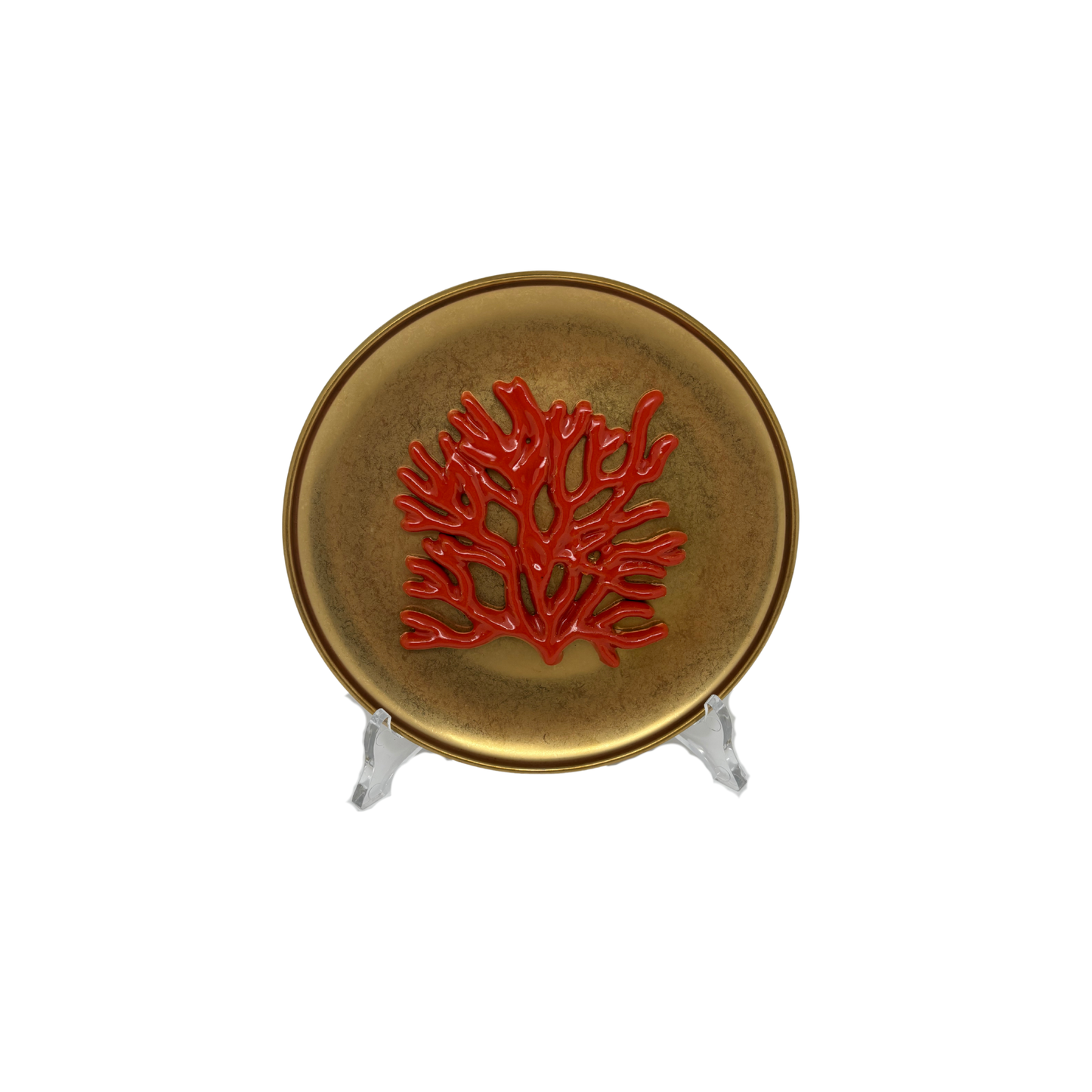 Koraal piccolo op antiek gouden bord, 16cm