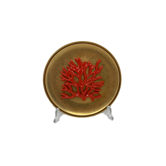 Koraal piccolo op antiek gouden bord, 16cm