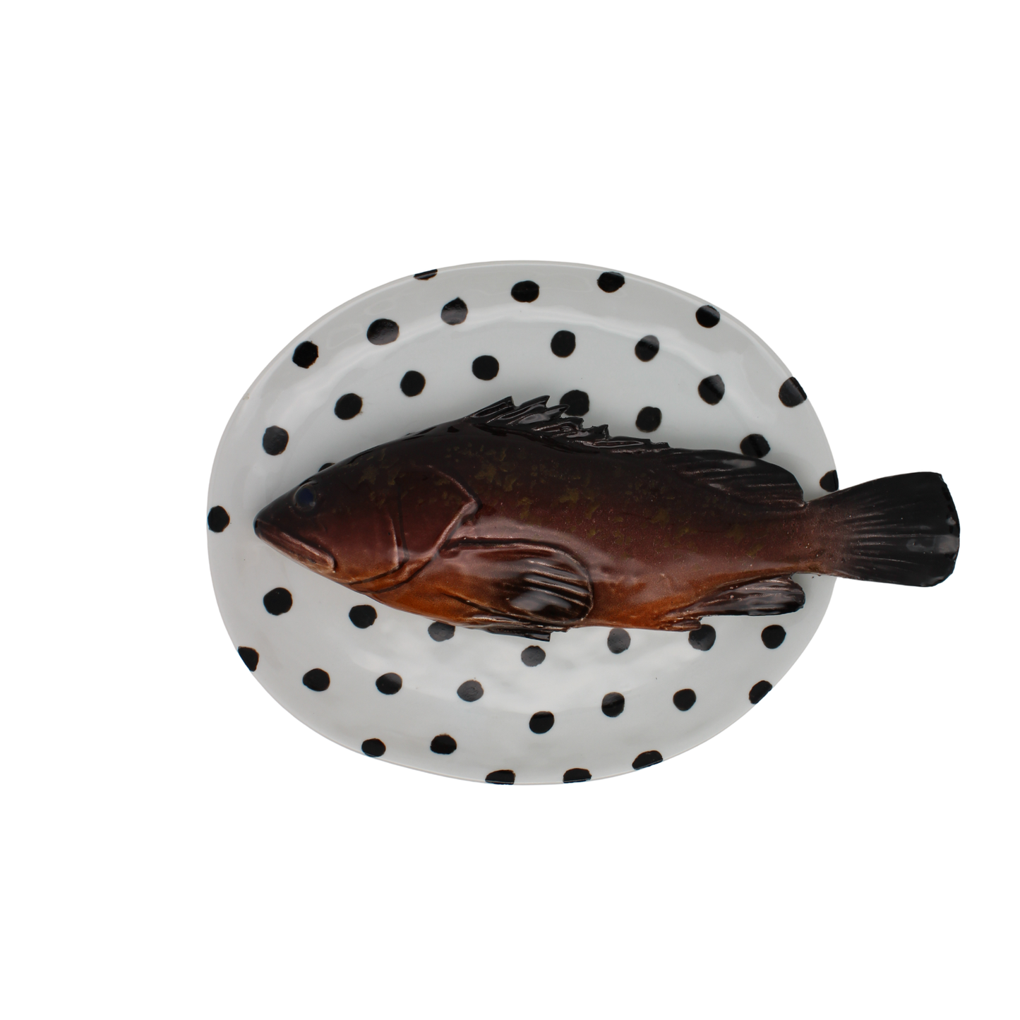 Cernia medio op een ovaal wit met zwarte stippen bord, 22X19 cm