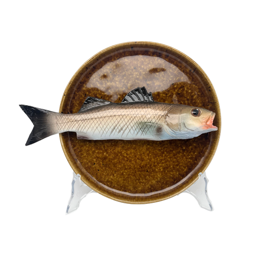 Spigola op een bruin/goud bord, 21cm