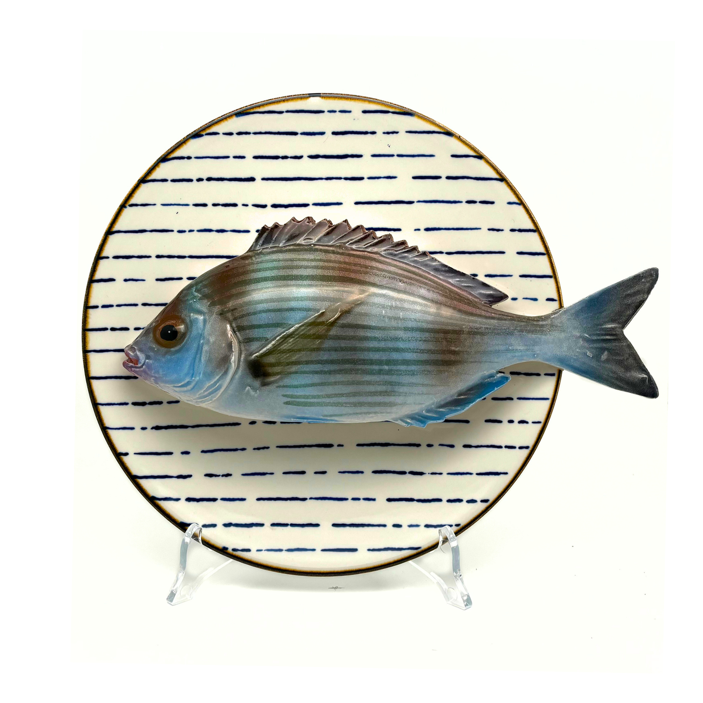 Tanuta op blauw gestreept bord, 22cm rond