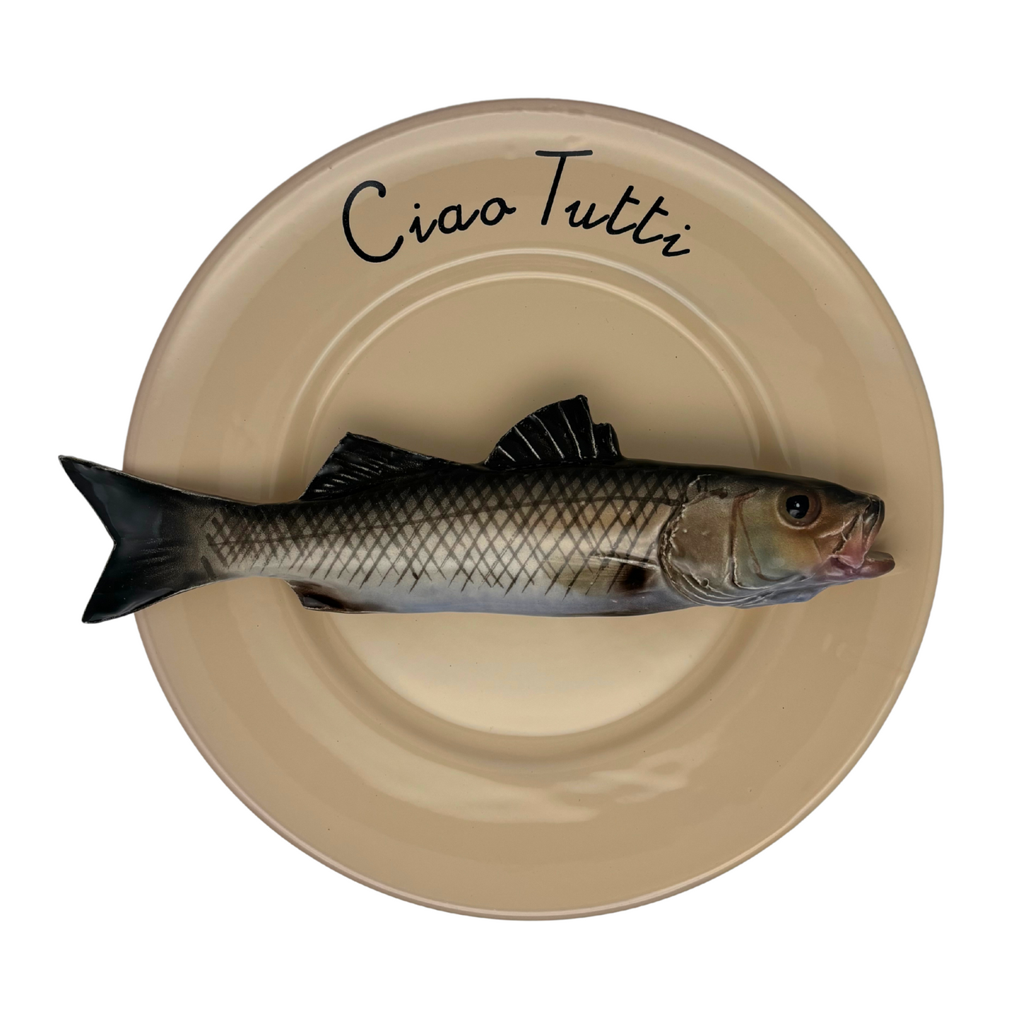 Spigola op camel/zand kleur bord "Ciao Tutti", 23 cm rond