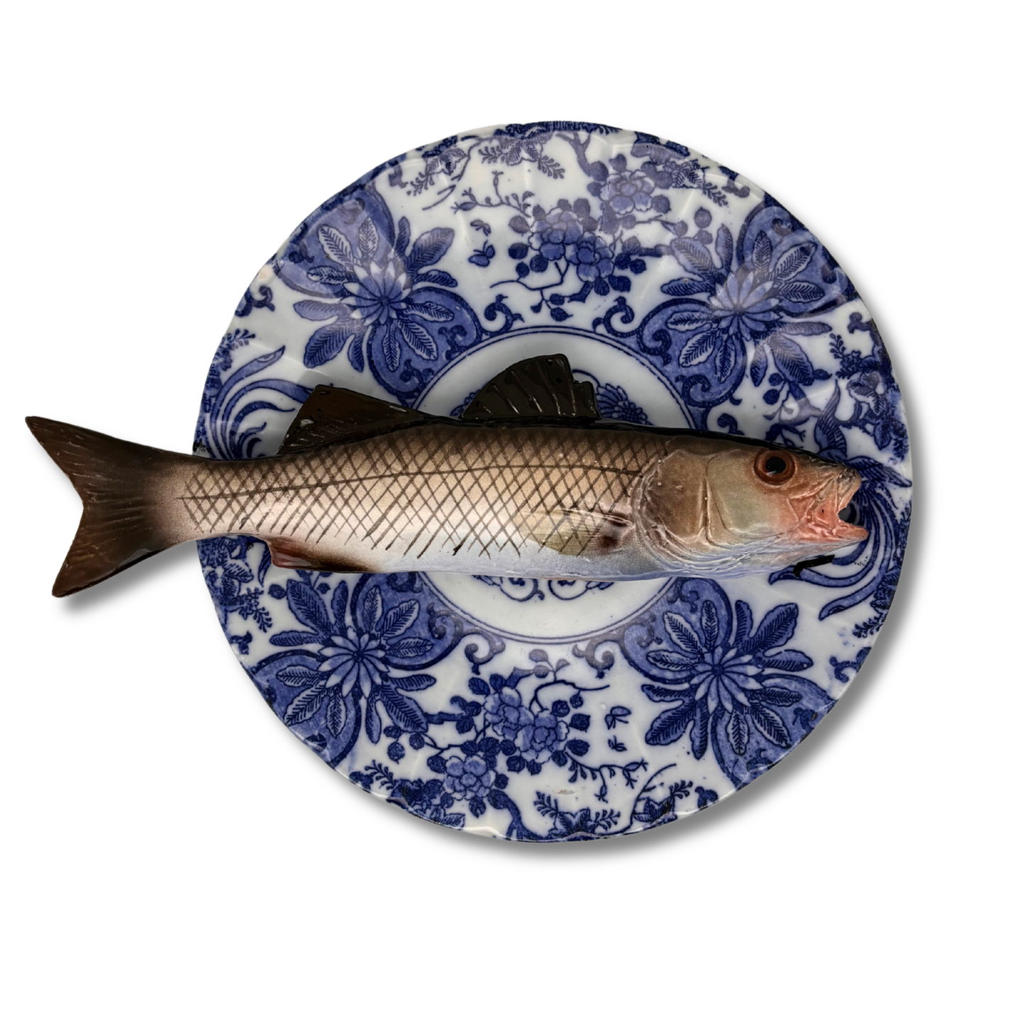 Spigola op een Vintage blauw gebloemd bord, 22 cm rond