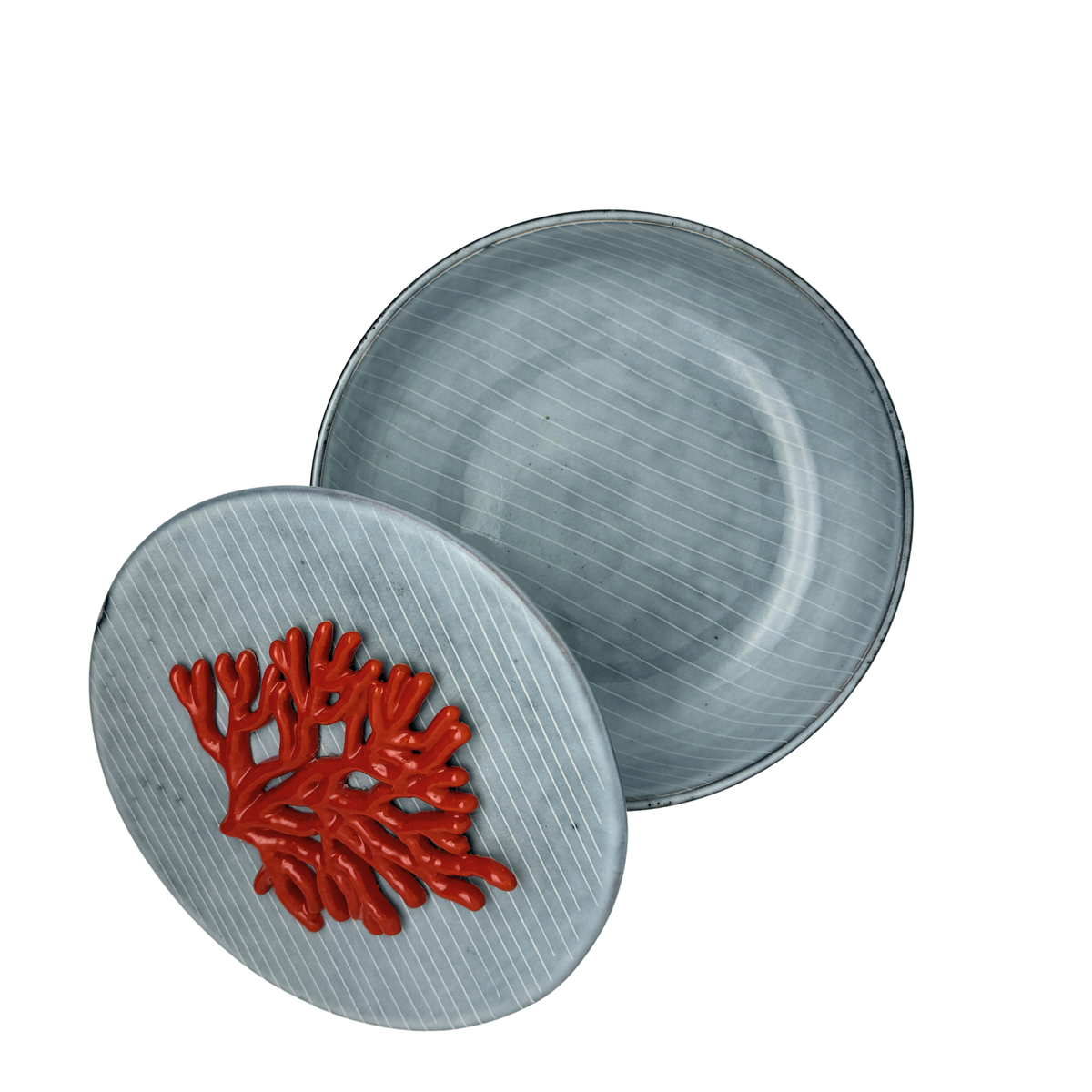 Koraal - Decoratief keramiek handgemaakt grijs/blauw krijtstreep, sierdoos met deksel rond, 18 cm