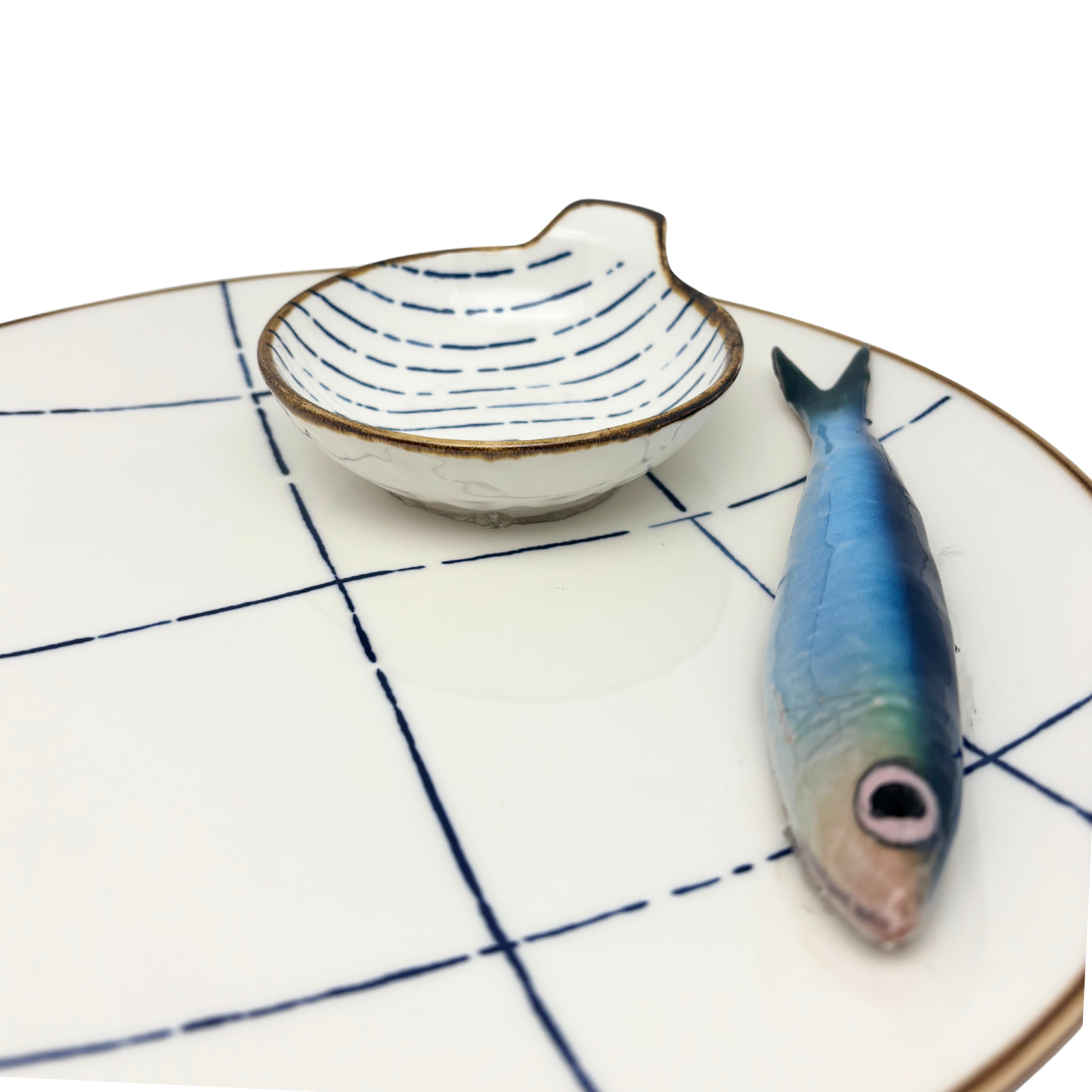Sardine Borrelbord met dipbakje - blauw-wit ruit 26cm