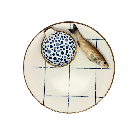 Spigola medioBorrelbord met dipbakje - blauw-wit ruit 26cm