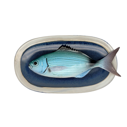 Occhiata op ovaal blauw bord met lichte rand, 26x25cm