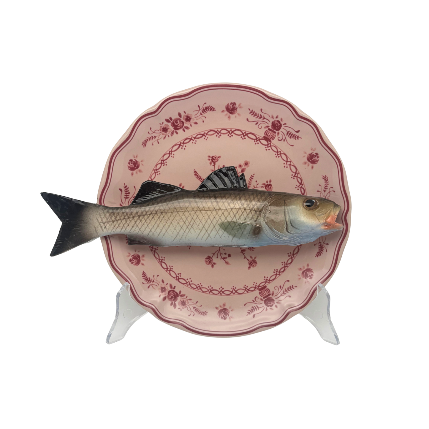 Spigola op poederroze bord met rode decoratie 21 cm