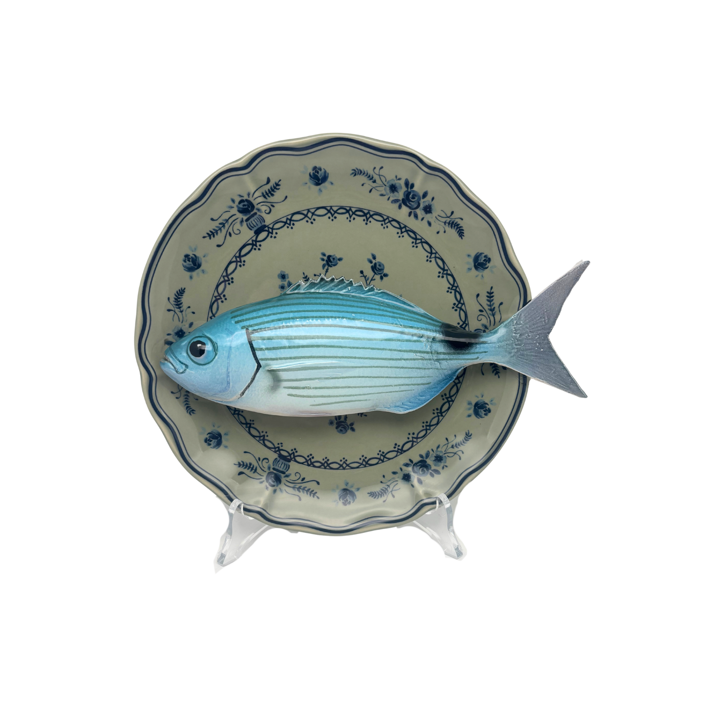 Occhiata op olijfgroen bord met blauwe decoratie 21 cm