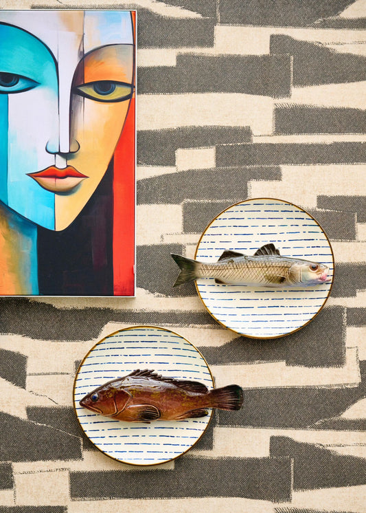 Spigola grande op blauw streep bord, 22cm rond