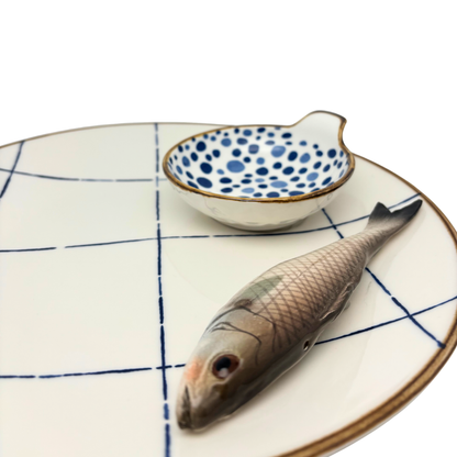 Spigola medioBorrelbord met dipbakje - blauw-wit ruit 26cm