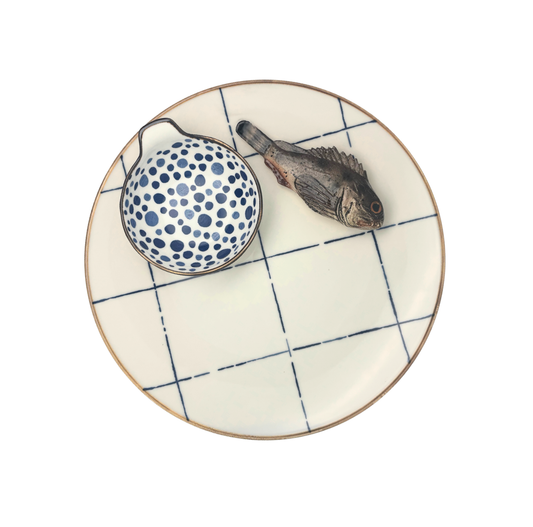 Scorfano Marrone Borrelbord met dipschaaltje - blauw-wit ruit 26cm