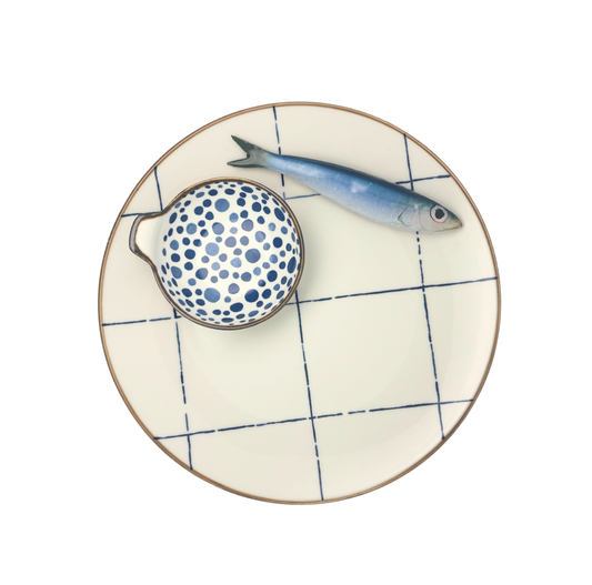 Sardine Borrelbord met dipschaaltje - blauw-wit ruit 26cm
