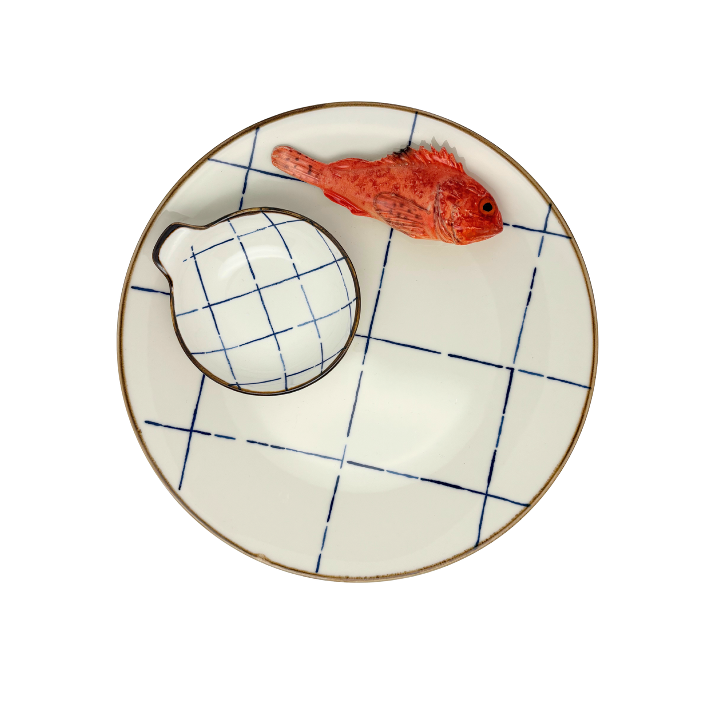 Scorfano Borrelbord met dipbakje - blauw-wit ruit 26cm