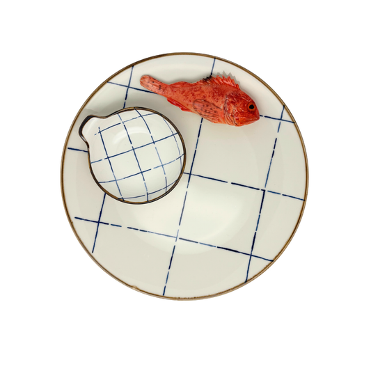 Scorfano Borrelbord met dipbakje - blauw-wit ruit 26cm