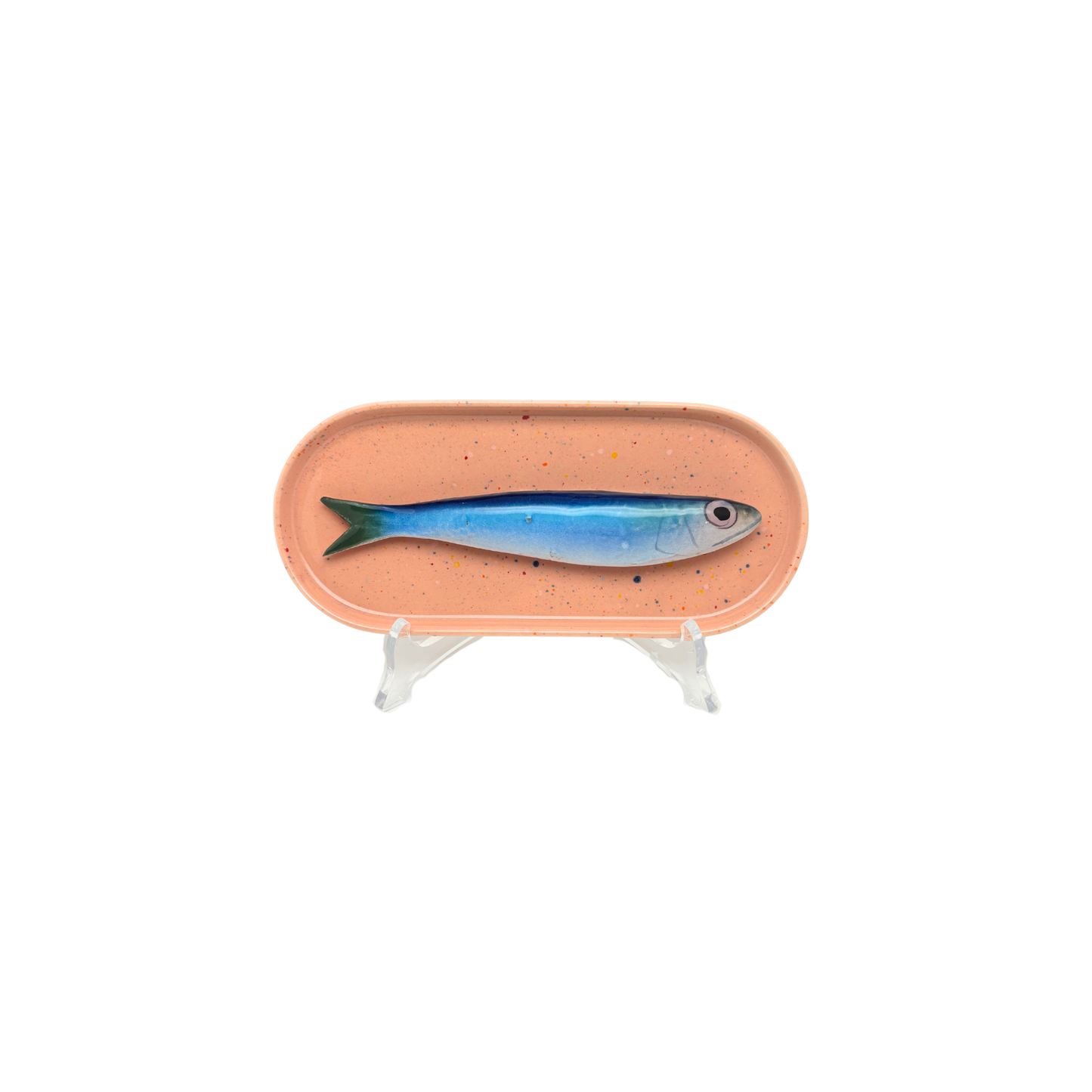 Sardine op langwerpig ovaal zalm roze, spikkel bordje, 20x9cm