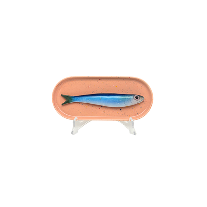 Sardine op langwerpig ovaal zalm roze, spikkel bordje, 20x9cm