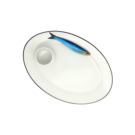 Haring/Alaccia Borrelbord met klein dipbakje - Ovaal wit serveerbord 35x24cm