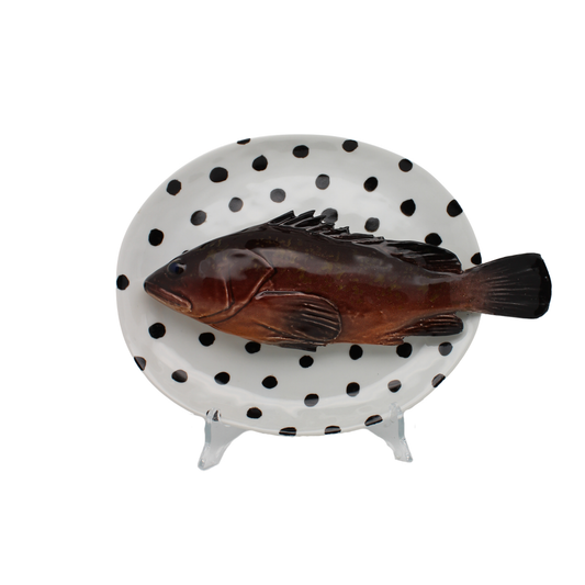 Cernia medio op een ovaal wit met zwarte stippen bord, 22X19 cm