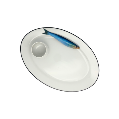 Sardine Borrelbord met klein dipbakje - Ovaal wit serveerbord 35x24cm