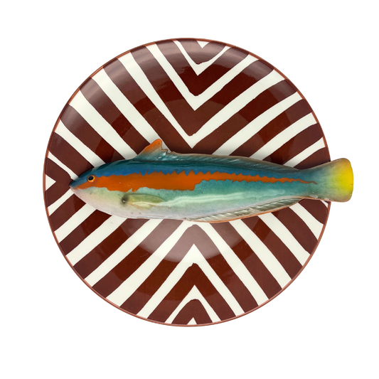 Pesce/Regenboogvis op een roestbruin strepen bord, 27 cm rond