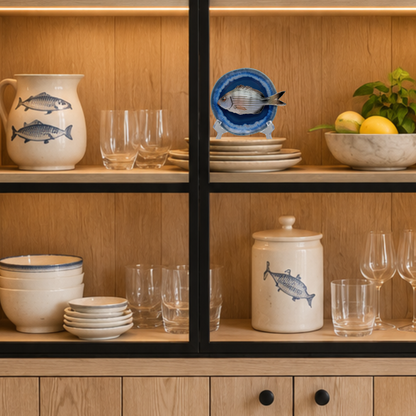 Sarago piccolo op oceaanblauw bord met lichte rand, 12 cm doorsnee