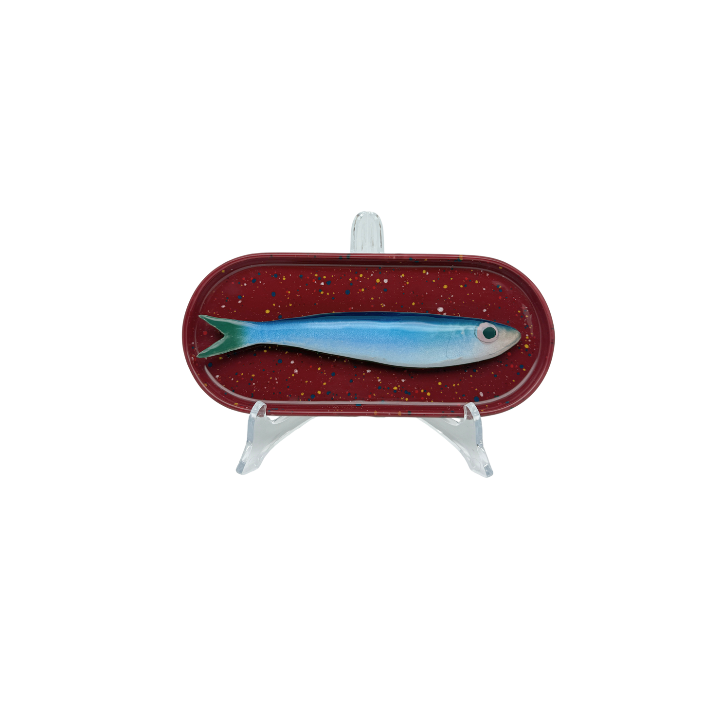 Sardine op langwerpig ovaal burgundy, spikkel bordje, 20x9cm
