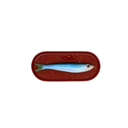 Sardine op langwerpig ovaal burgundy, spikkel bordje, 20x9cm