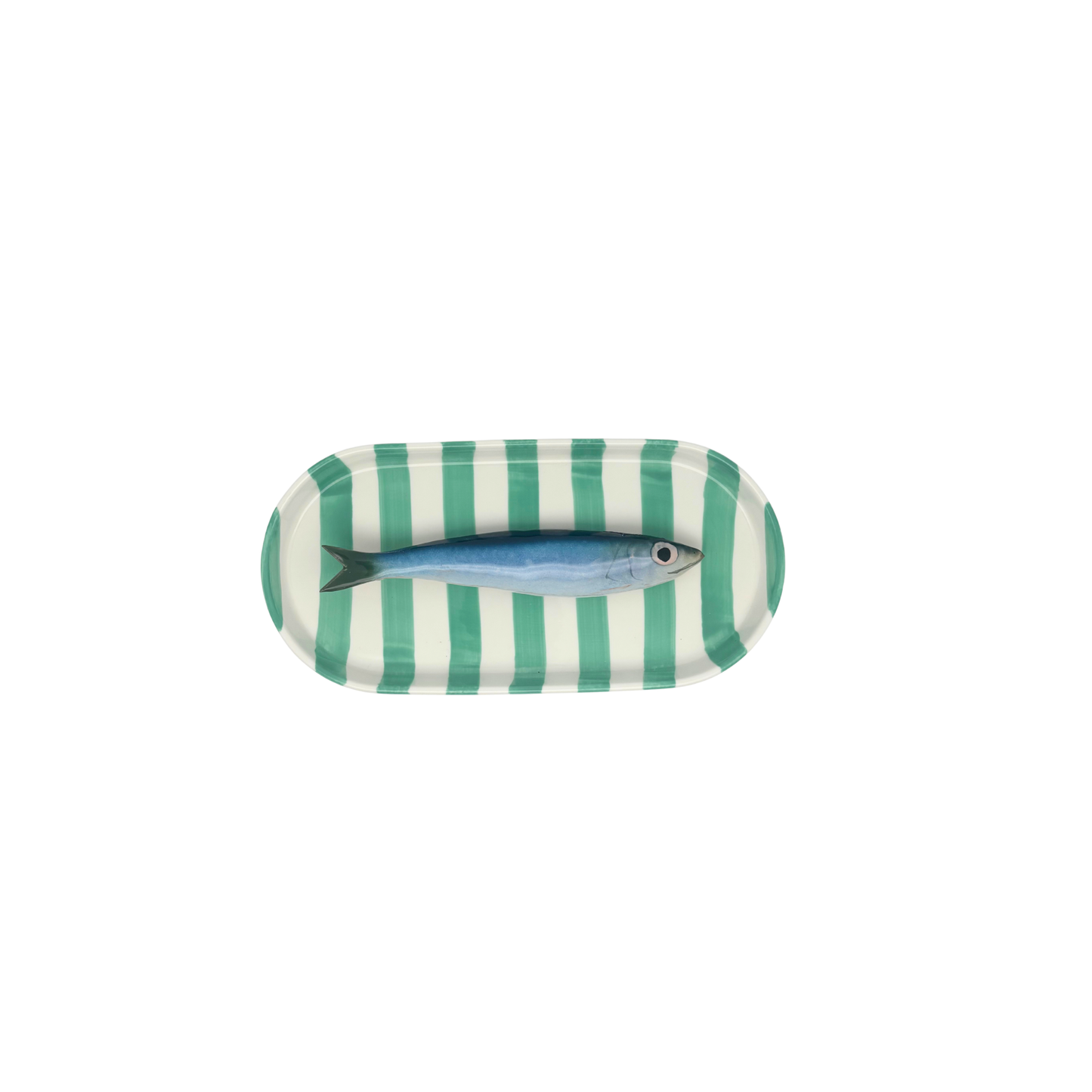 Sarde op ovaal zeegroen gestreept bordje, 22x11 cm