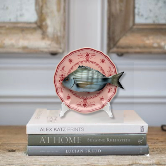 Sarago medio op poederroze bord met rode decoratie, 17cm