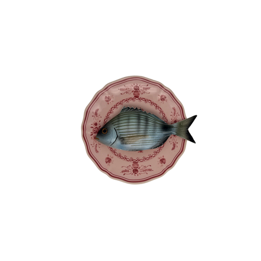 Sarago medio op poederroze bord met rode decoratie, 17cm
