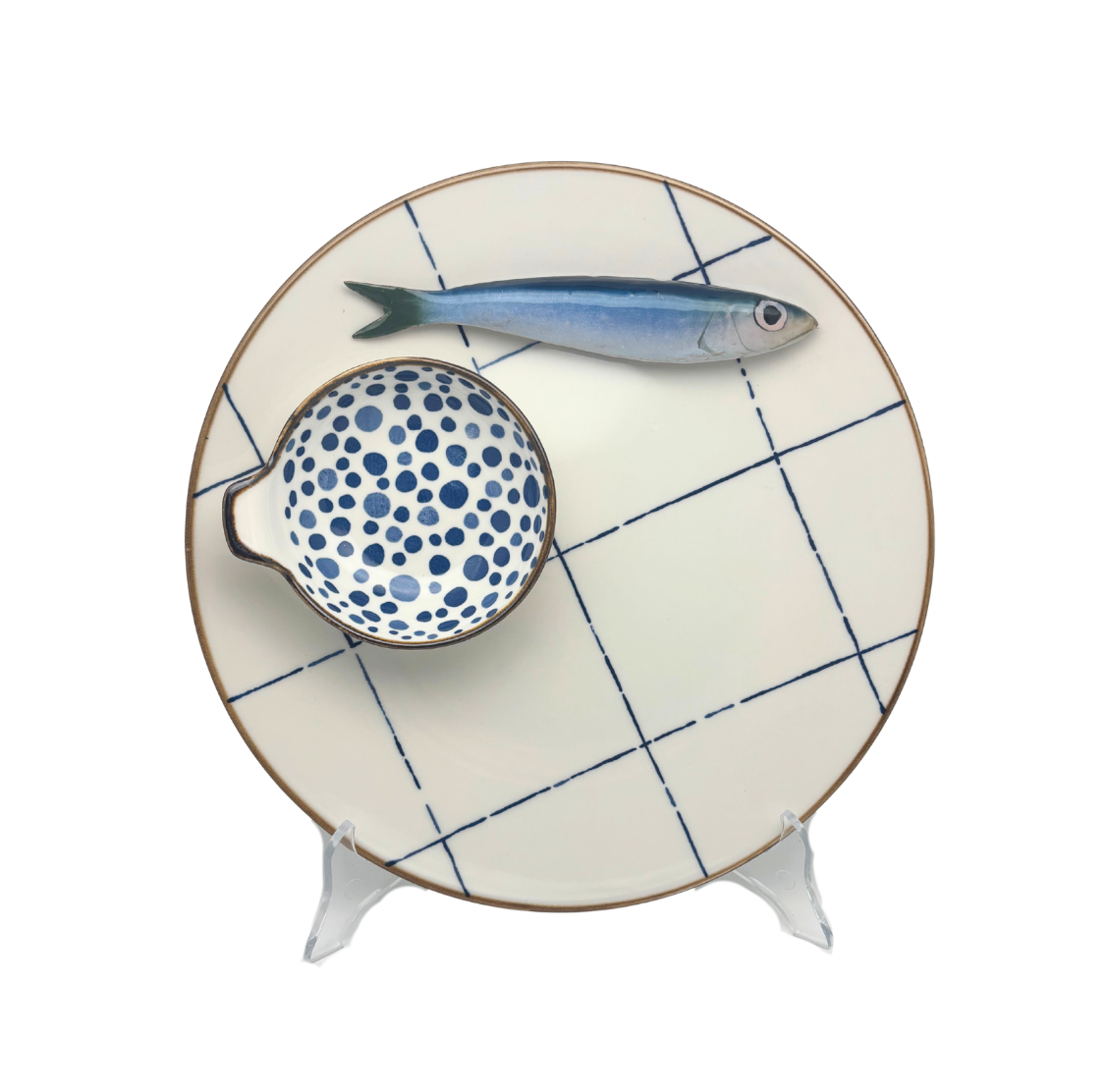 Sardine Borrelbord met dipschaaltje - blauw-wit ruit 26cm