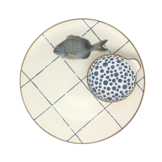 Sarago piccolo Borrelbord met dipschaaltje - blauw-wit ruit 26cm