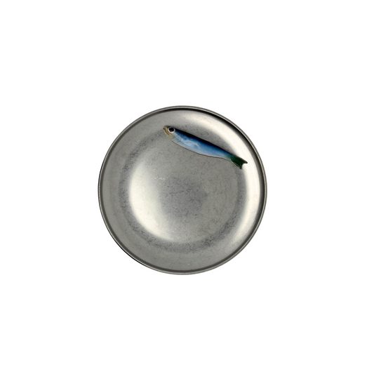 Serveerbordje antiek zilver met sardine piccolo, 16,5cm rond
