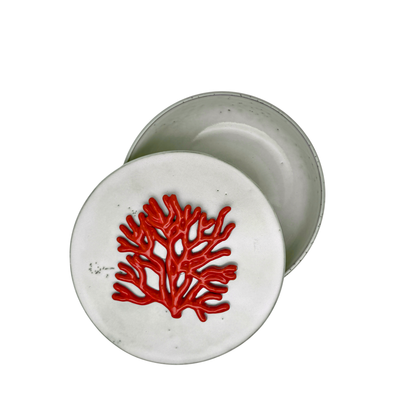 Koraal - Decoratief keramiek handgemaakt vergrijsd wit, sierdoos met deksel rond, 18 cm