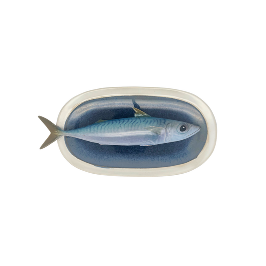Makreel/Tombarello op ovaal blauw bord met lichte rand, 26x25cm