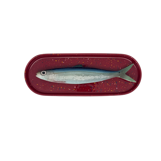 Alaccia/Haring op langwerpig ovaal burgundy, spikkel bord, 28x10cm