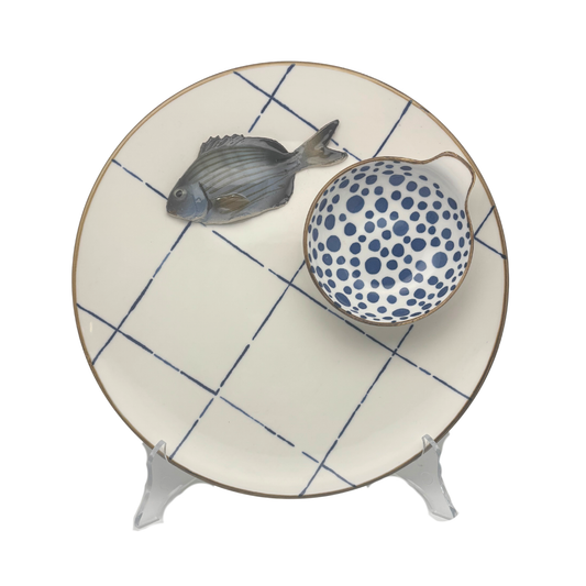 Sarago piccolo Borrelbord met dipschaaltje - blauw-wit ruit 26cm