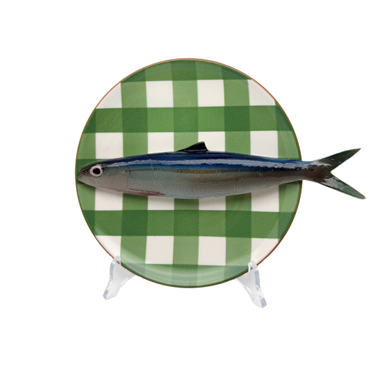 Alaccia/Haring op groen-wit ruitpatroon met terracotta rand bord, 19 cm