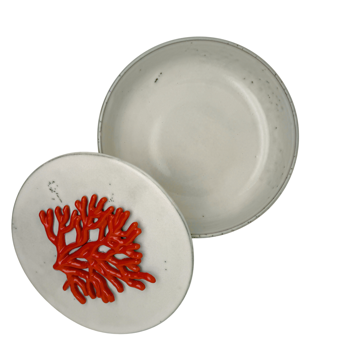 Koraal - Decoratief keramiek handgemaakt vergrijsd wit, sierdoos met deksel rond, 18 cm