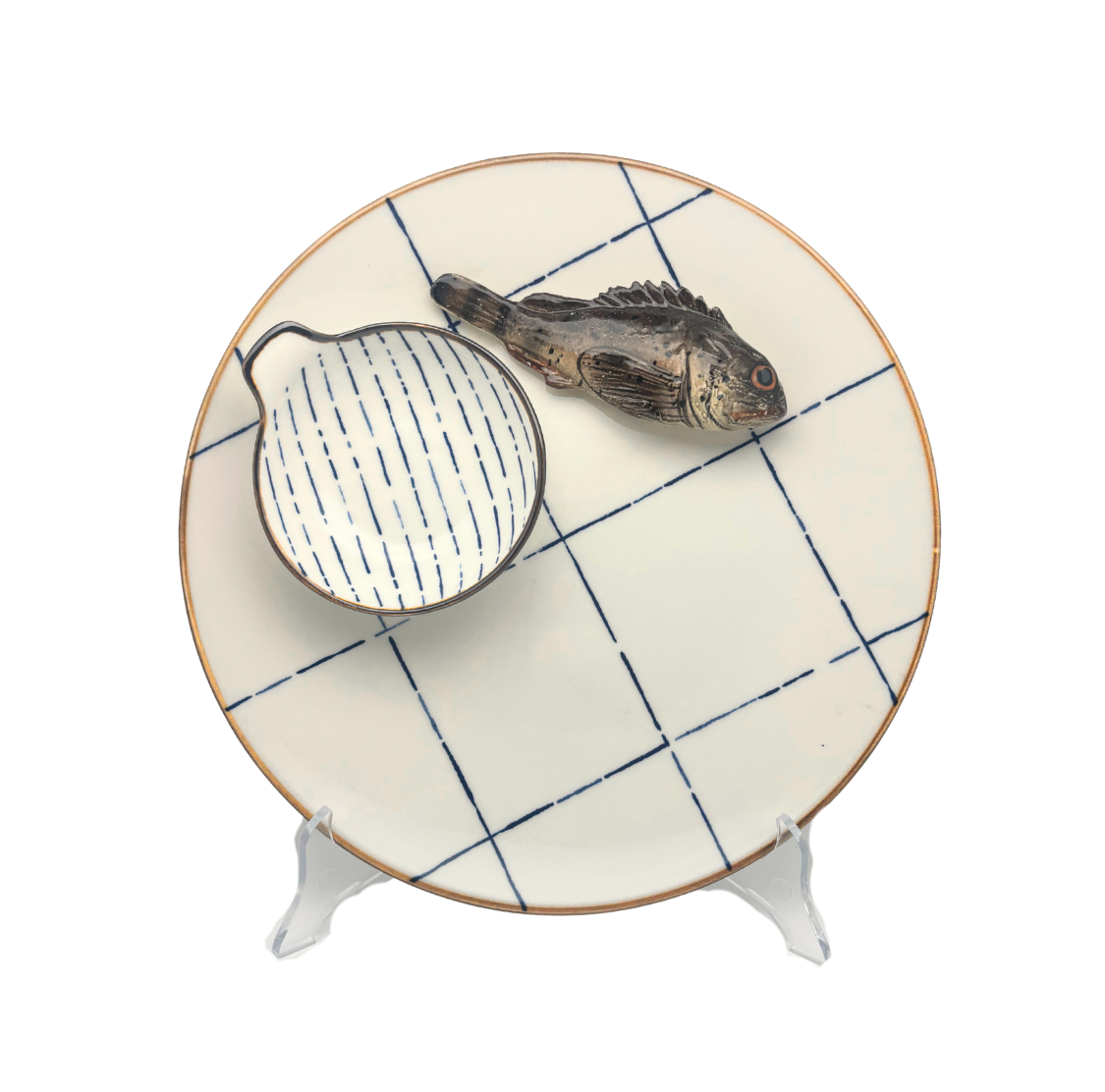 Scorfano Marrone Borrelbord met dipschaaltje - blauw-wit ruit 26cm