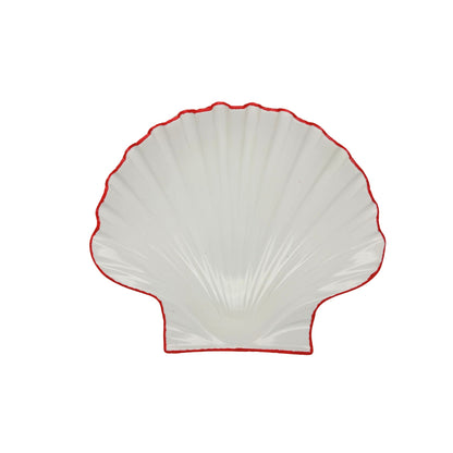 Decoratief keramiek Schelpenschaal wit met koraalrode rand, B25,5xD21xH6cm